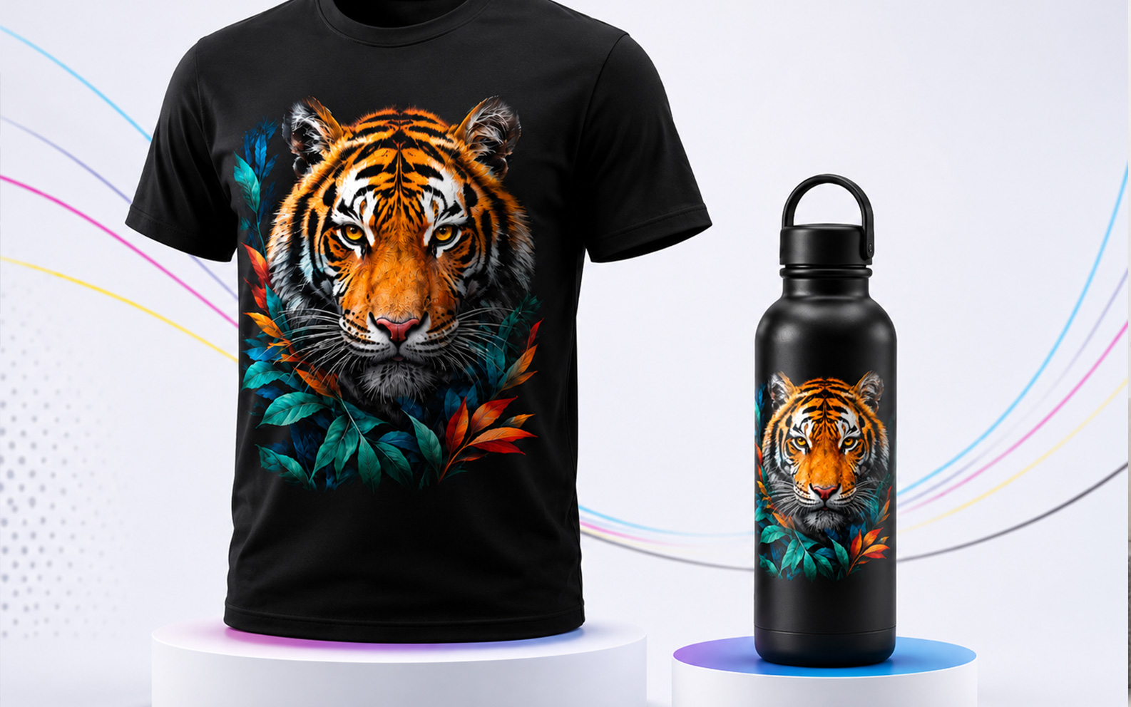 Camiseta preta e garrafa preta com estampas vibrantes em DTF