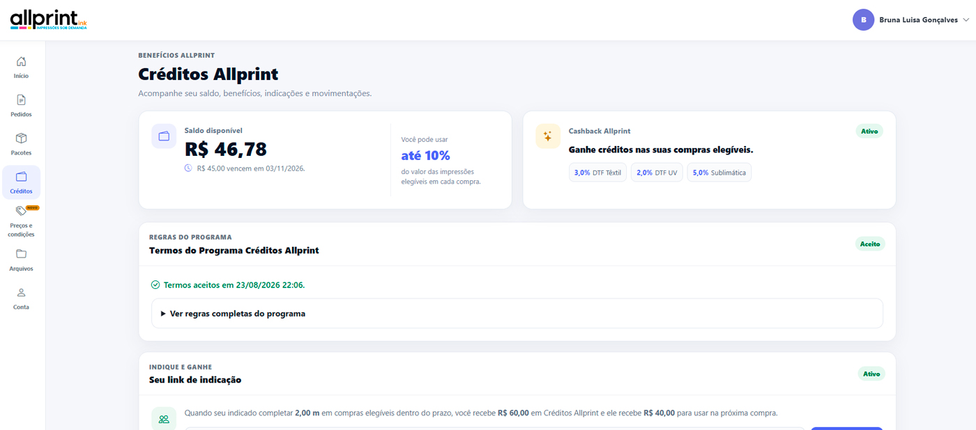 Exemplo do painel do cliente: Créditos e Cashback