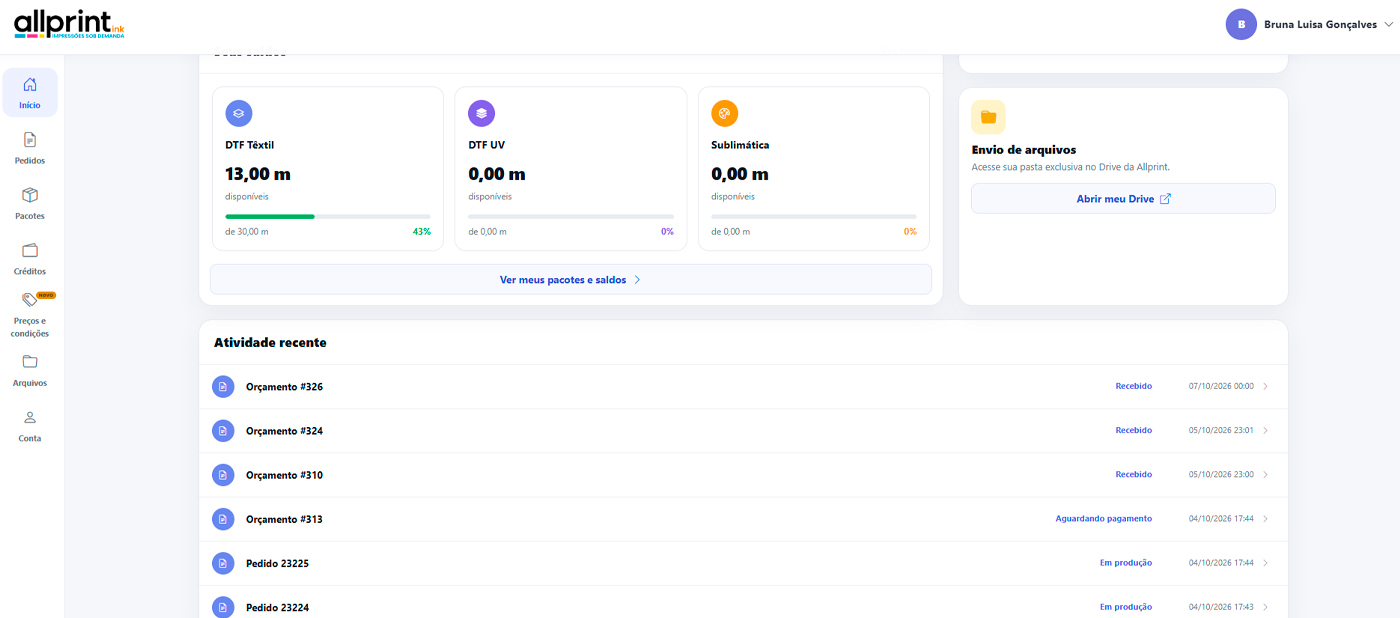 Exemplo do painel do cliente: Drive e envio de arquivos
