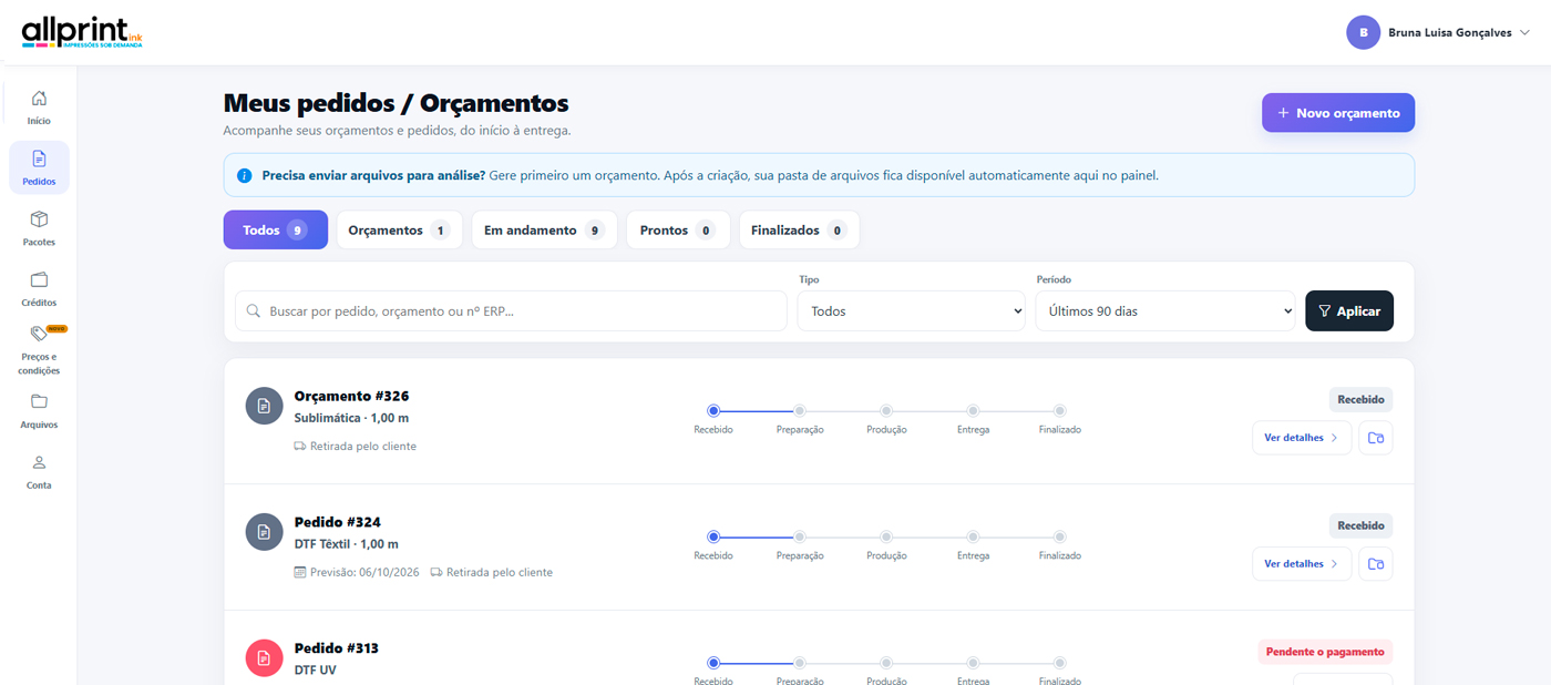 Exemplo do painel do cliente: Pedidos e orçamentos